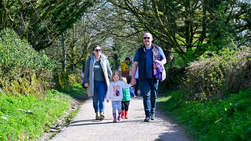 Adults and children walking along a tree‑lined path at Sizergh estate.